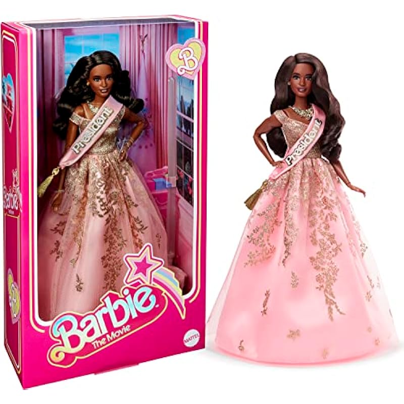 Barbie the Movie Doll, President Barbie Collectible Wearing Shimmery Pink and Gold Dress with Sash