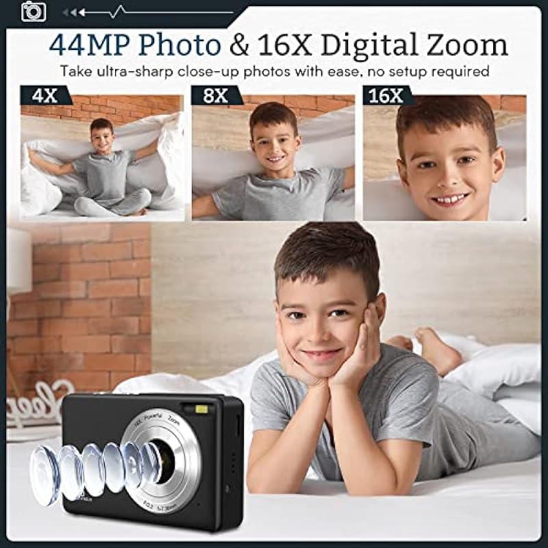 Digital Camera,Kids Camera with 32GB Card,Nsoela FHD 1080P 44MP Compact Vlogging Camera,Point and Shoot Camera 16X Digital Zoom, Portable Mini Kids Camera for Teens Students (Black)
