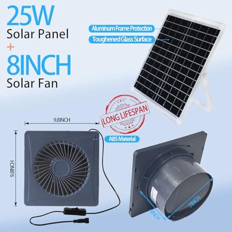 KingMiKi Solar Exhaust Fan for Shed, 25w Solar Panel Fan Greenhouse Fan Solar Powered, 2600 RPM Powerful Chicken Coop Solar Fan with an AC to DC Power Adapter, Solar Attic Fan, Solar Fans for Outside