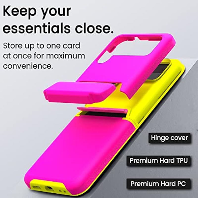 XIIICASE Galaxy Z Flip 4 Case Wallet with Hinge Protection [Card Slot] Shockproof Protective TPU Cover for Samsung Galaxy Z Flip 4 5G (Neon Pink)