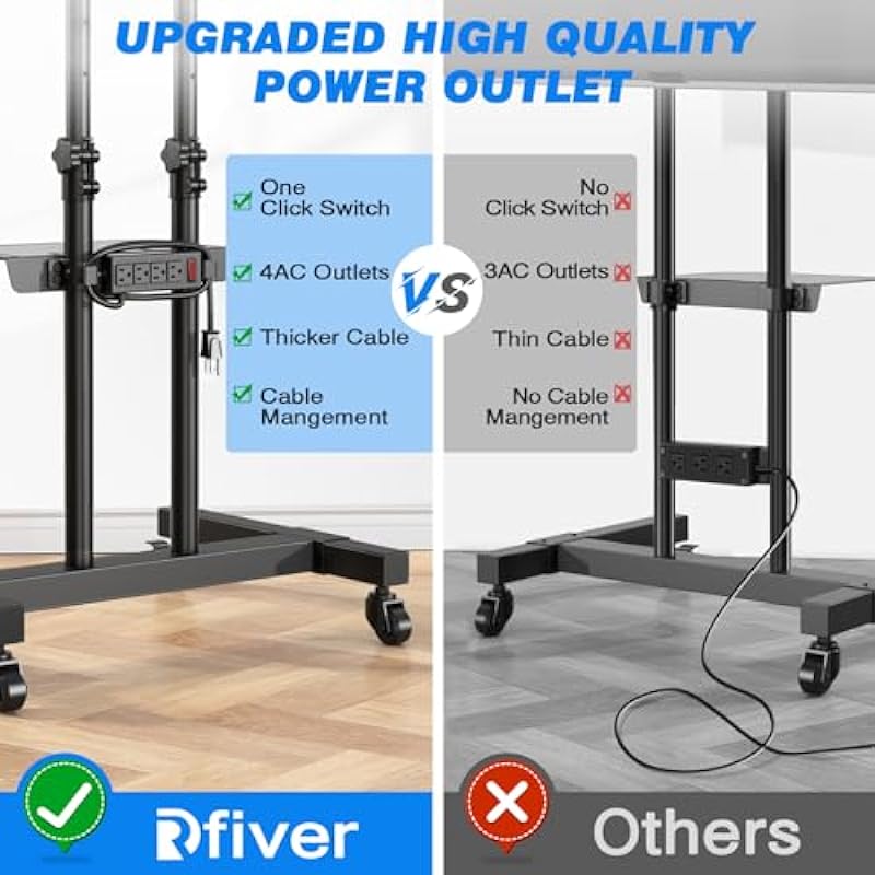 Rfiver Upgraded Mobile TV Stand on Wheels with Power Outlet, Heavy Duty Rolling TV Cart for 32-75 Inch TVs up to 110 lbs, Height Adjustable Portable Floor TV Stand for Bedroom, Home Office