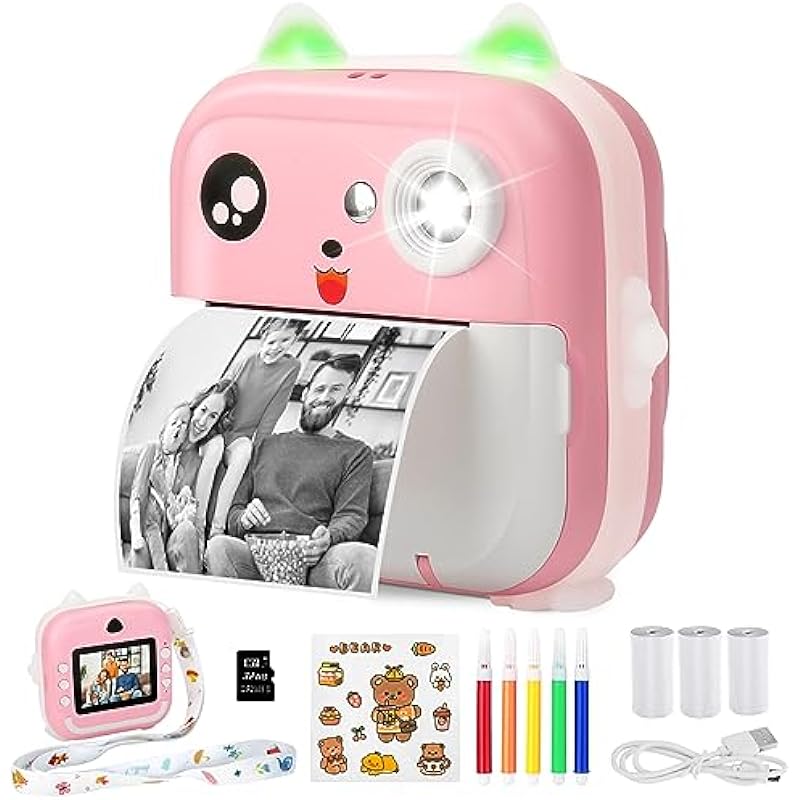 Kids Camera Instant Print Toddler Digital Camera Zero Ink Photo Cameras with 1080P HD Video Camera, 2.4 Inch IPS Screen Printing Instant Camera with 3 Rolls Photo Paper, 5 Color Pens and 32GB Card