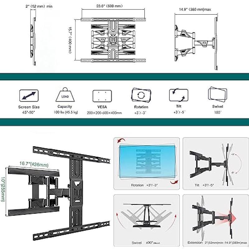 TV Wall Mount, Full Motion TV Wall Bracket for Most 45-80 Inch TV/Flat Screen/Monitors, Swivel Tilt TV Stand with Rugged Double Arm Bracket,Max VESA 400x600mm up to 45.5kg