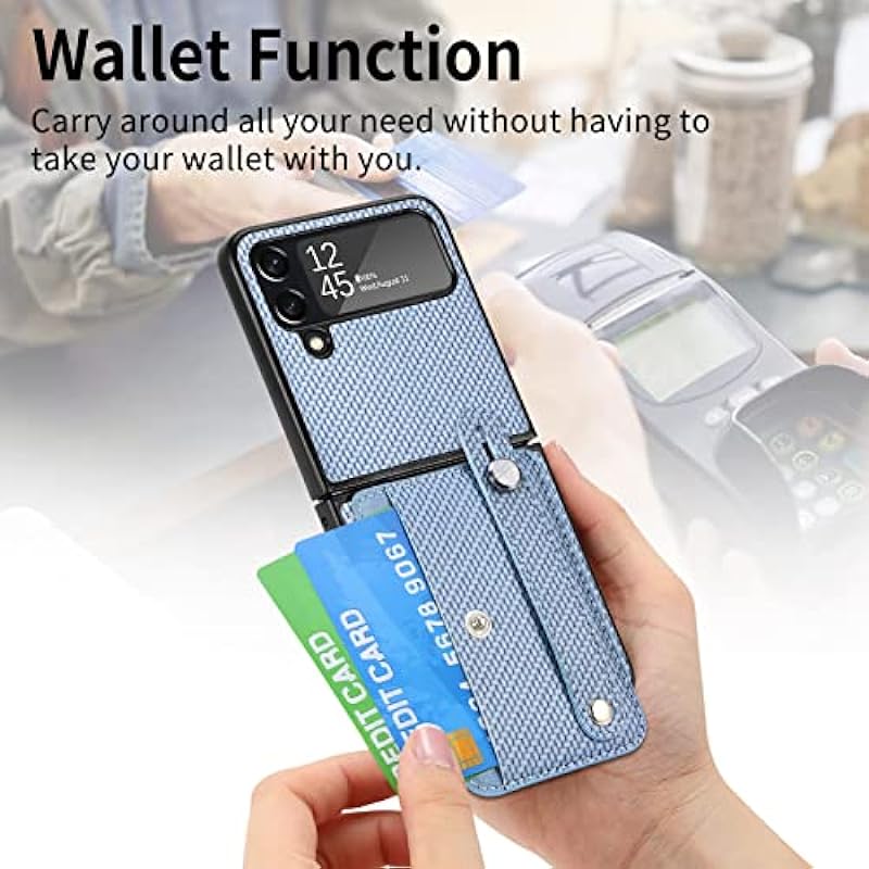 Asuwish Phone Case for Samsung Galaxy Z Flip 4 5G 2022 and Cell Accessories with Wrist Strap Credit Card Holder Slot Stand Kickstand Protective Slim Gaxaly ZFlip4 Z4 Flip4 4Z Flip4case Women Men Blue