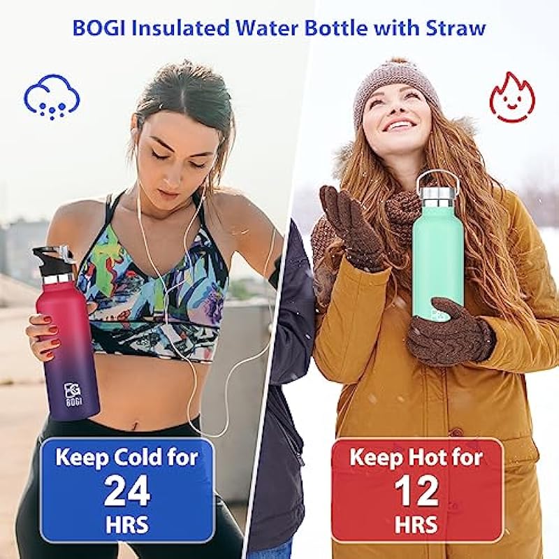 BOGI Insulated Water Bottle, 20/25oz Vacuum Stainless Steel Water Bottles with Straw & Straw Lid, Leakproof BPA Free Sports Metal Water Bottle-Keeps Drink Hot & Cold for Outdoor Sports Fitness Camping