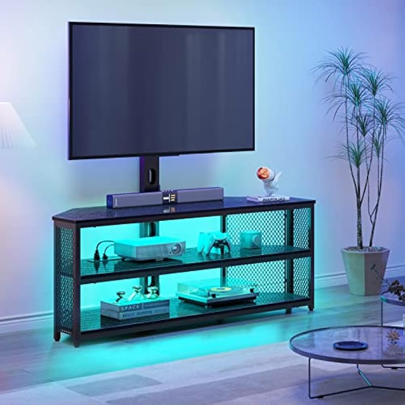 Rolanstar TV Stand with Mount and Power Outlet, Swivel TV Stand Mount with LED Lights for 45/55/60/65/70 inch TVs, Black Entertainment Center Media Console with Height Adjustable Mount