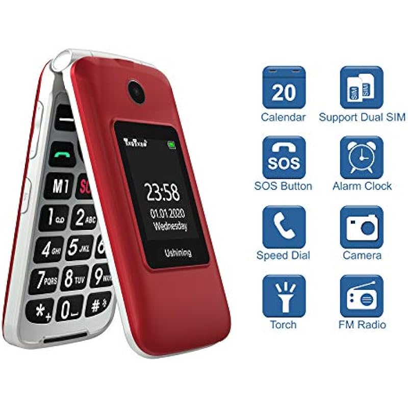 USHINING 3G Senior Flip Phones Unlocked Canada Dual Screen Basic Cell Phone Dual SIM Card Large Button Mobile Phone with Charging Dock for Seniors（Red）