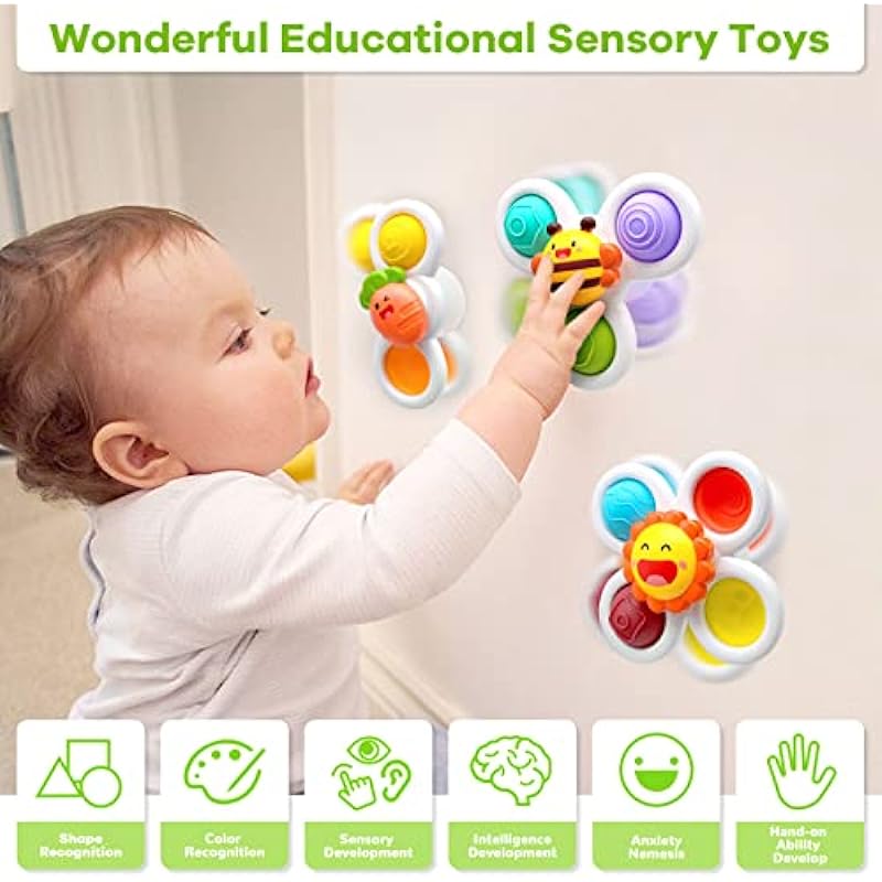 Suction Cup Spinner Toys for Baby, Sensory Toys Learning Toys for Toddlers 1-3, Baby Bath Toys for Babies 12-18 Months, 1 2 3 Year Old Girl Boy Gifts Idea (3 Pcs)