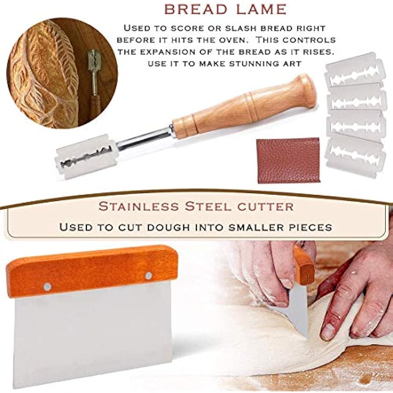 Bread Proofing Basket Set Of 2 Round and Oval, Banneton Proofing Basket + Danish Dough Whisk + Bread Scoring Lame + Stainless Steel Dough Scraper + Flexible Scraper, Sourdough Tools Kit, Baking Gifts