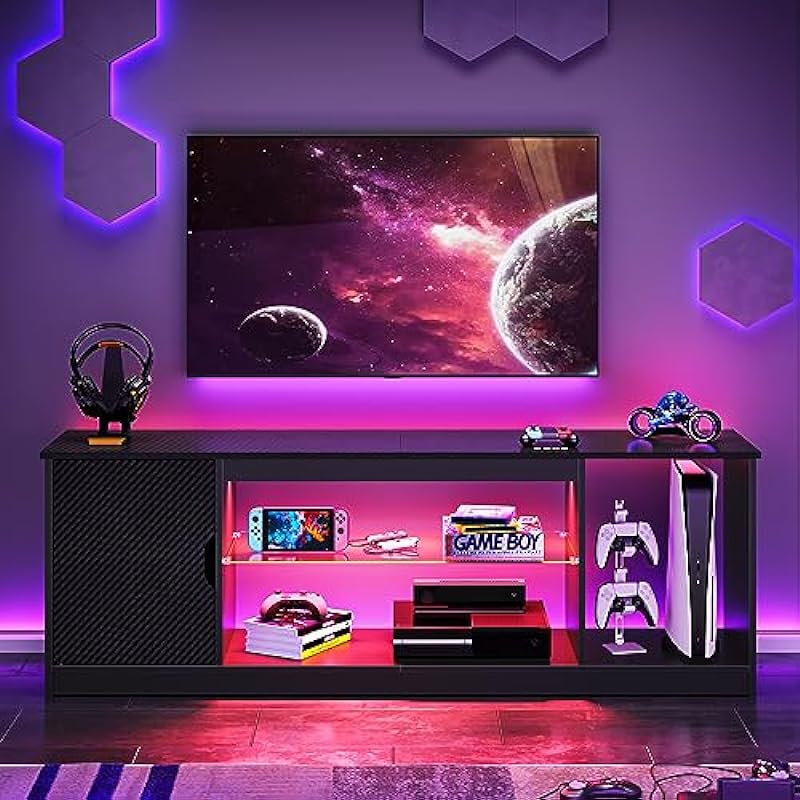 Bestier LED TV Stand for 55/60/65 Inch TV, Gaming Entertainment Center with Cabinet for PS5, Modern TV Console with Adjustable Glass Shelf for Living Room Bedroom, Black Carbon Fiber