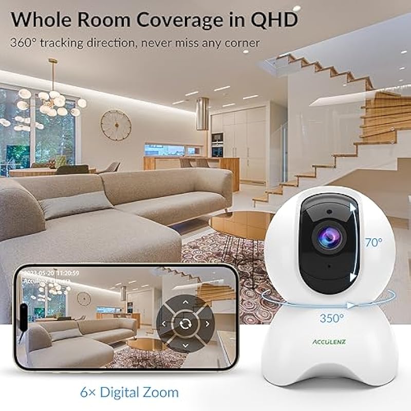 AccuLenz Pet Camera Indoor 5MP(2.5K), 360° Pan Tilt Camera for Home Security, 2.4GHz WiFi Camera for Baby Monitor with AI Human/Cry Detection, Night Vision, Two-Way Audio