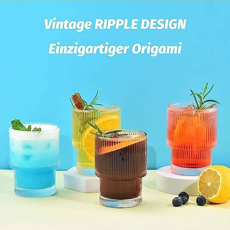 ALINK 7 oz Small Ribbed Drinking Water Glasses with Glass Straws 4pcs Set, Vintage Iced Coffee Cups Glassware, Origami Style Ridged Glass Tumbler for Coocktail, Whiskey, Beer – Cleaning Brush