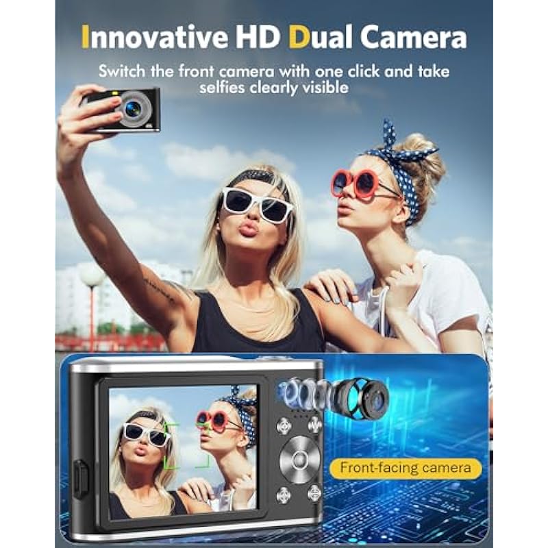 Digital Camera, Auto Focus FHD 4K Video Camera with Dual Camera 48MP 16X Digital Zoom Kids Compact Camera with 32GB Memory Card Small Point and Shoot Cameras for Teens Beginner Adult,Black