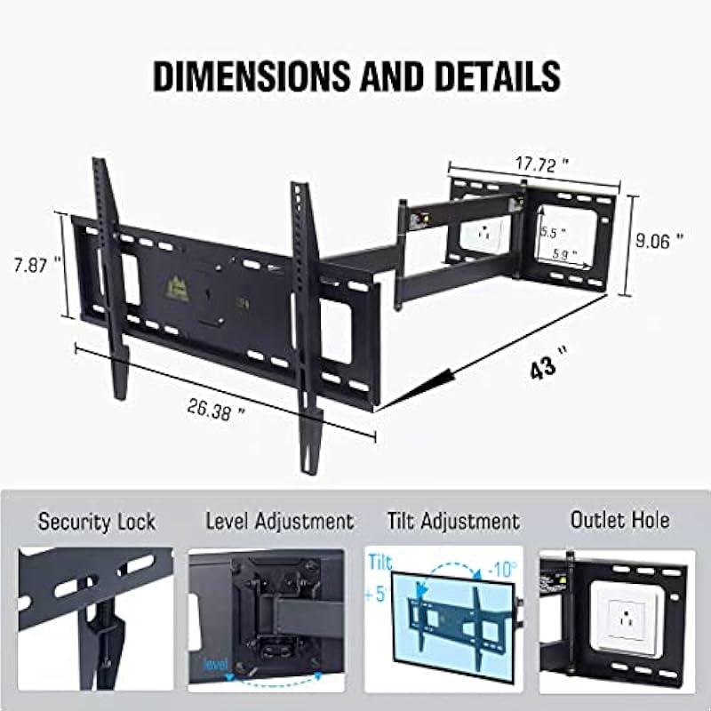 FORGING MOUNT Long Extension TV Mount Full Motion Wall Bracket with 42 inch Long Arm Articulating TV Wall Mount for 37 to 80 Inch Flat/Curve TVs, VESA 600x400mm Compatible, Holds up to 110 lbs