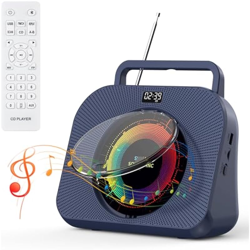 Gueray CD Player for Home, Bluetooth Desktop CD Player with Speakers, Headphone Jack FM Radio CD Player Boombox with Remote Control, Support Alarm Clock Timer USB AUX TF Card Playback