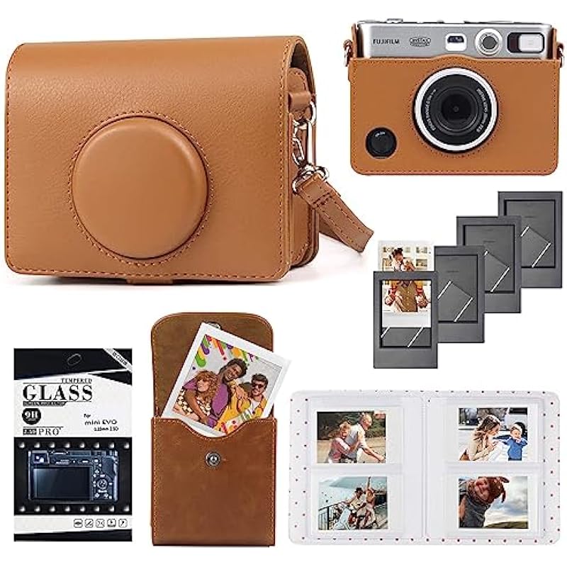 CAIYOULE Protective Camera Case for Fujifilm Instax Mini EVO Camera, PU Leather Fuji Mini EVO Carrying Bag with Mini Photo Pouch, Album, Frames, Screen Protector Accessories Kit – Vintage Brown