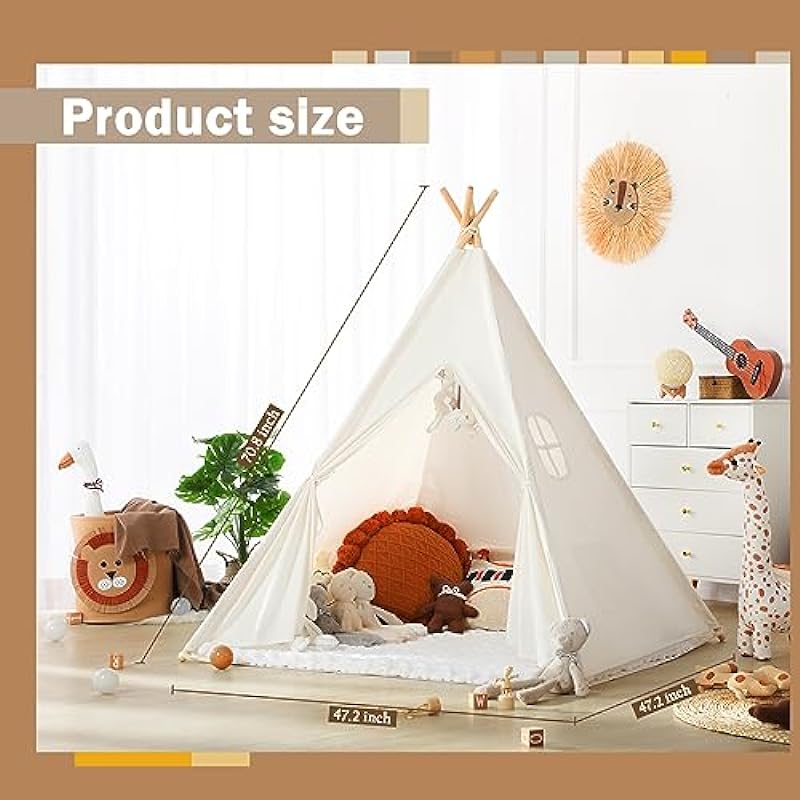 Monobeach Teepee Tent for Kids Foldable Children Play Tent for Girl and Boy with Carry Case 4 Poles White Canvas Playhouse Toy for Indoor and Outdoor Games (White)