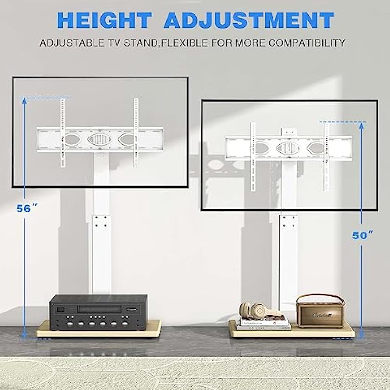 Rfiver Universal Floor TV Stand, Swivel TV Stand with Mount for 40-77 Inch Flat Screen/Curved TVs up to 110 Lbs, Height Adjustable Tall TV Floor Stand with Wooden Base for Bedroom/Living Room, White