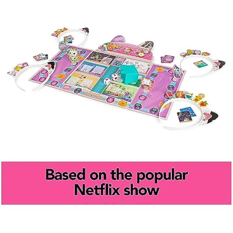 Gabby’s Dollhouse, Meow-Mazing Board Game Based on The DreamWorks Netflix Show with 4 Kitty Headbands, for Families & Kids Ages 4 and up