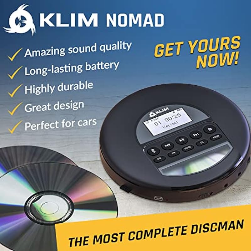 KLIM Nomad – New 2023 – Portable CD Player Walkman with Long-Lasting Battery – with Headphones – Radio FM – Compatible MP3 CD Player Portable – TF Card Radio FM AM Bluetooth – Ideal for Cars – Black