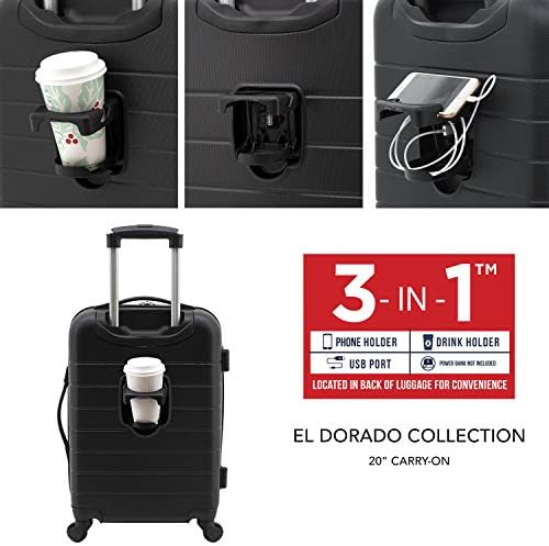 Wrangler Smart Luggage Set with Cup Holder and USB Port, Black, 20-Inch Carry-On, Smart Luggage Set with Cup Holder and USB Port