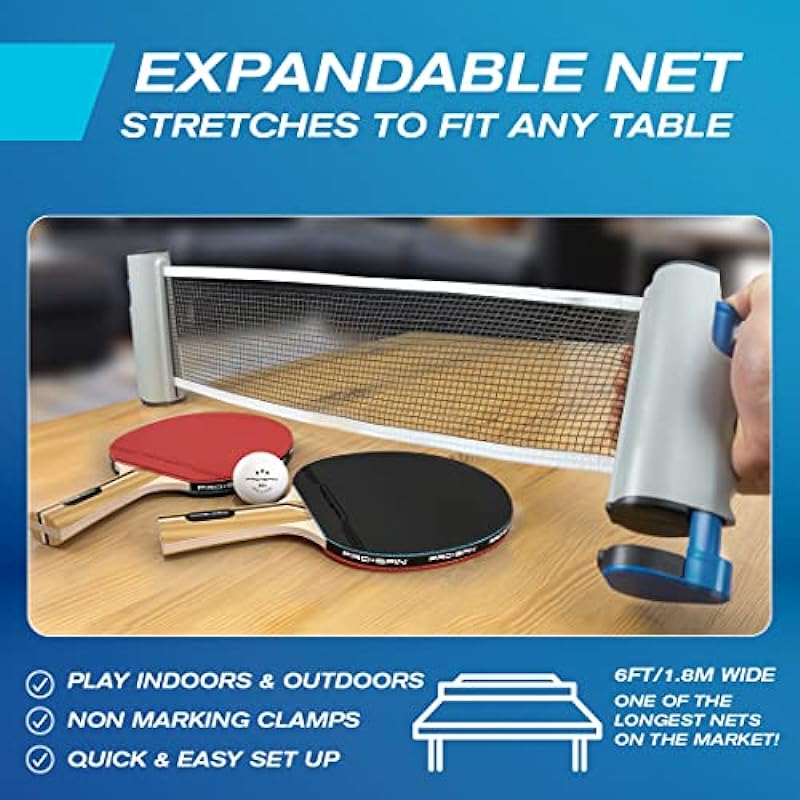 PRO-SPIN All-In-One Portable Ping Pong Set – Retractable Ping Pong Net For Any Table, Premium Ping Pong Paddles, 3-Star Table Tennis Balls, Convenient Storage Case | Indoor & Outdoor Games | Great Gift for Boys, Girls, Teens