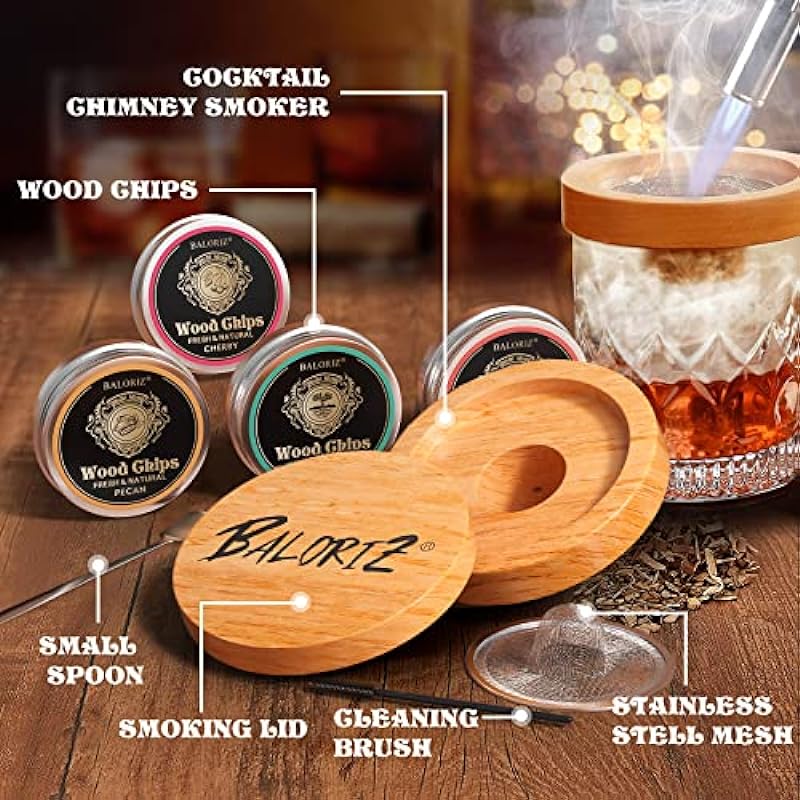 Cocktail Smoker Kit Whiskey Gifts for Men, Old Fashioned Kit Drink Bourbon Smoker Infuser Kit with 4 Flavor Wood Chips, Birthday Gifts for Him/Dad/Husband/Christmas Bar Set