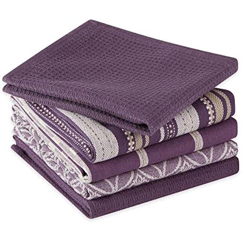 DII Cotton Oversized Kitchen Dish Towels 18 x 28 and Dishcloth 13 x 13, Set of 5, Absorbent Washing Drying Dishtowels for Everyday Cooking and Baking-Eggplant