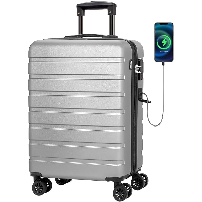 Carry on Luggage AnyZip PC ABS Hardside Luggage with 4 Universal Wheels TSA Lock Suitcase 20 Inch USB(Silver)