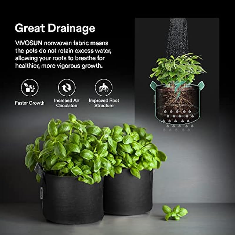 VIVOSUN 5-Pack 10 Gallon Grow Bags Heavy Duty 300G Thickened Nonwoven Plant Fabric Pots with Handles