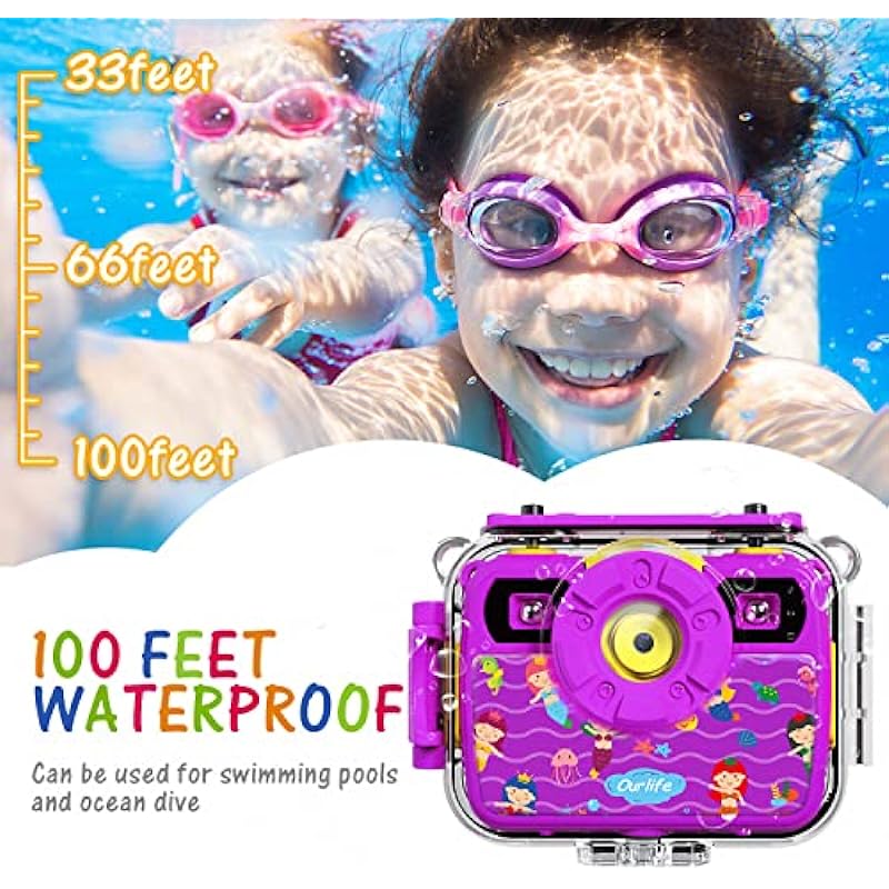 Ourlife Kids Waterproof Camera Gifts for Girls, 1080P HD Digital Video Camera with 2.4” IPS Screen, Fill Lights, Children Selfie Underwater Camera Toy for Girls 6-15 with TF Card, Silicone Handle