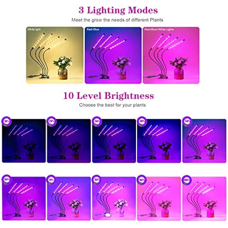 Grow Light Plant Light for Indoor Plants, 4-Head 50W 84 LEDs Red&Blue&Full Spectrum Plant lamp, 360°Adjustable Gooseneck Auto ON/Off 3/9/12 H Timer 3 Switch Modes, 10 Dimmable Levels