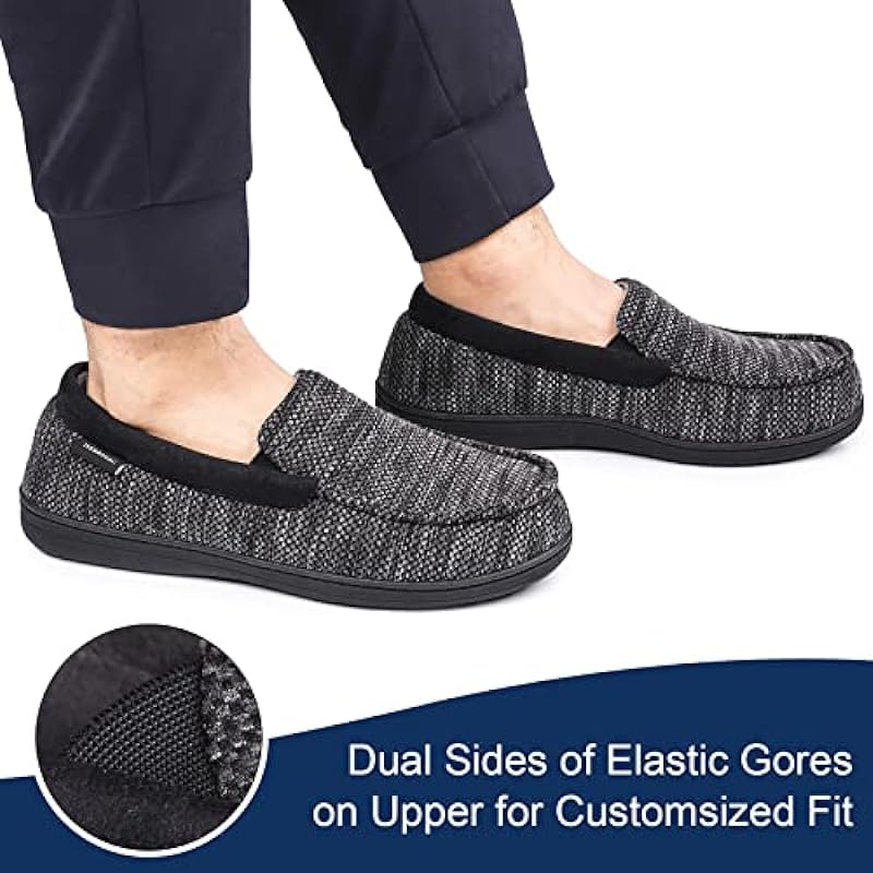 MERRIMAC Men’s Cozy Cotton Knit Moccasin Slippers Coral Fleece Lined House Slippers with Removable Insole