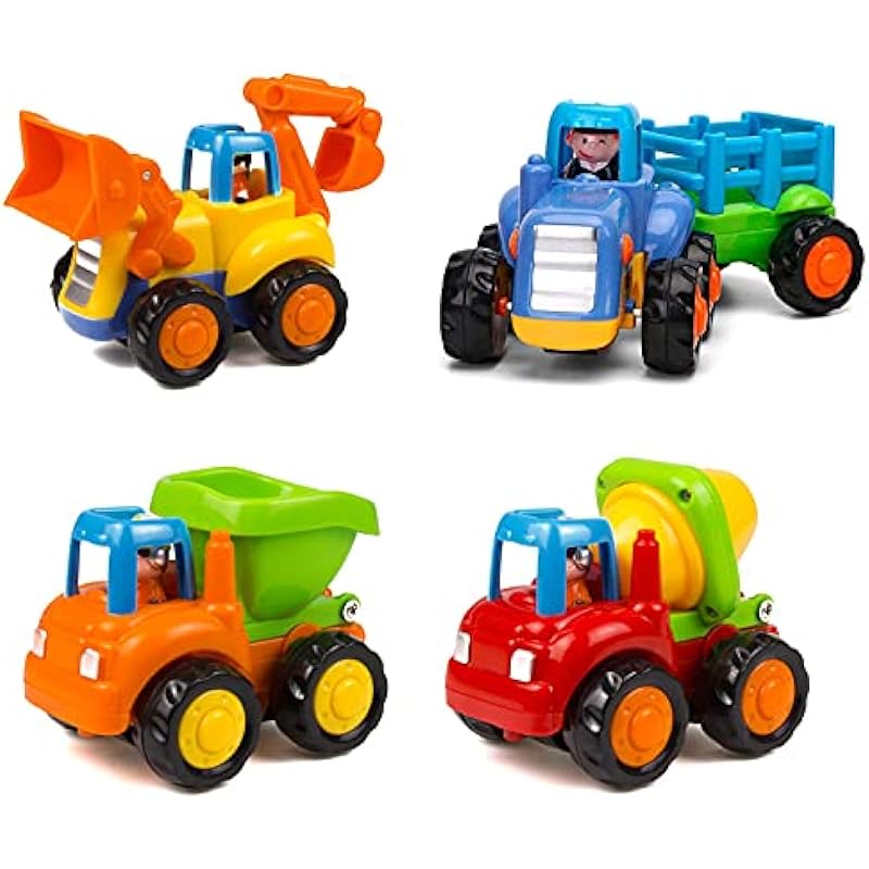 Yiosion Friction Powered Cars Push and Go Trucks Construction Vehicles Toys Set of Tractor Bulldozer Dump Truck Cement Mixer for Baby Toddlers Infants Boys Gifts