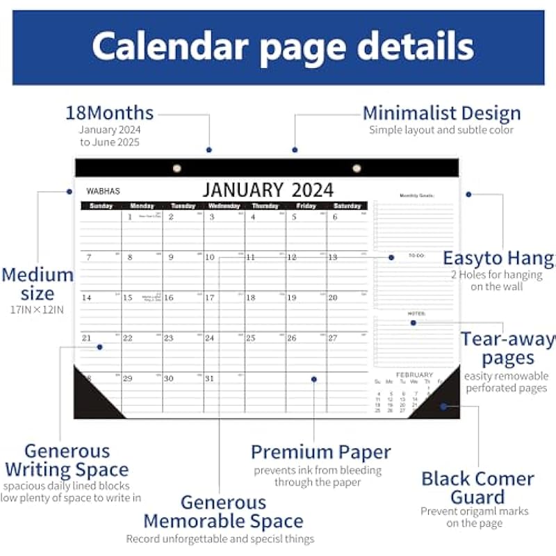 Wabhas Desk Calendar-Calendar 2024-2025–18 Months-January 2024-June 2025,17″ x 12″ ,Large Desk Calendar 2024 with to-do List,Thick Paper with Corner Protectors