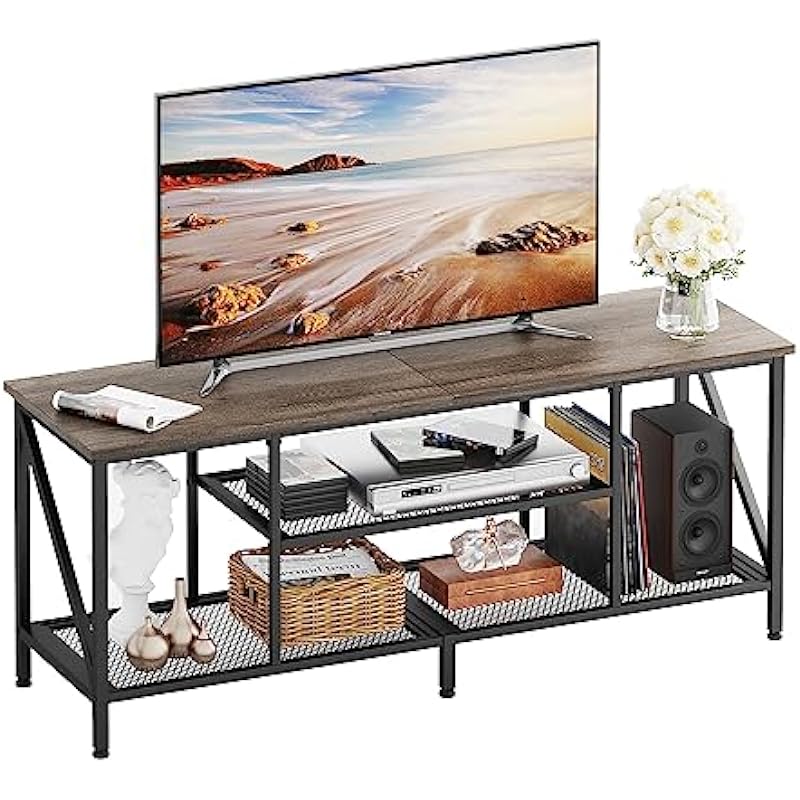 CAIYUN TV Stand with 3-Tier Storage, 55 Inch TV Console Table for 60 65 Inch TV, TV Bench, Entertainment Center for Living Room, Bedroom,Grey Oak