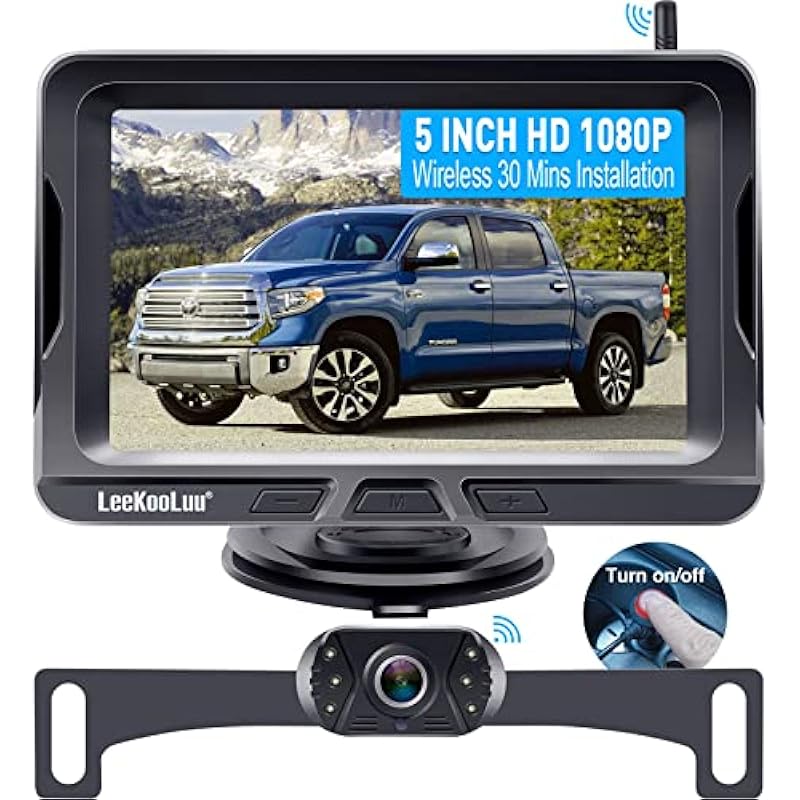 LeeKooLuu Wireless Backup Camera 5 Inch Rear View Monitor Kit HD 1080P Bluetooth Reverse Cameras for Truck Car Van Camper Two Channels Waterproof Night Vision DIY Parking Guide Lines LK2