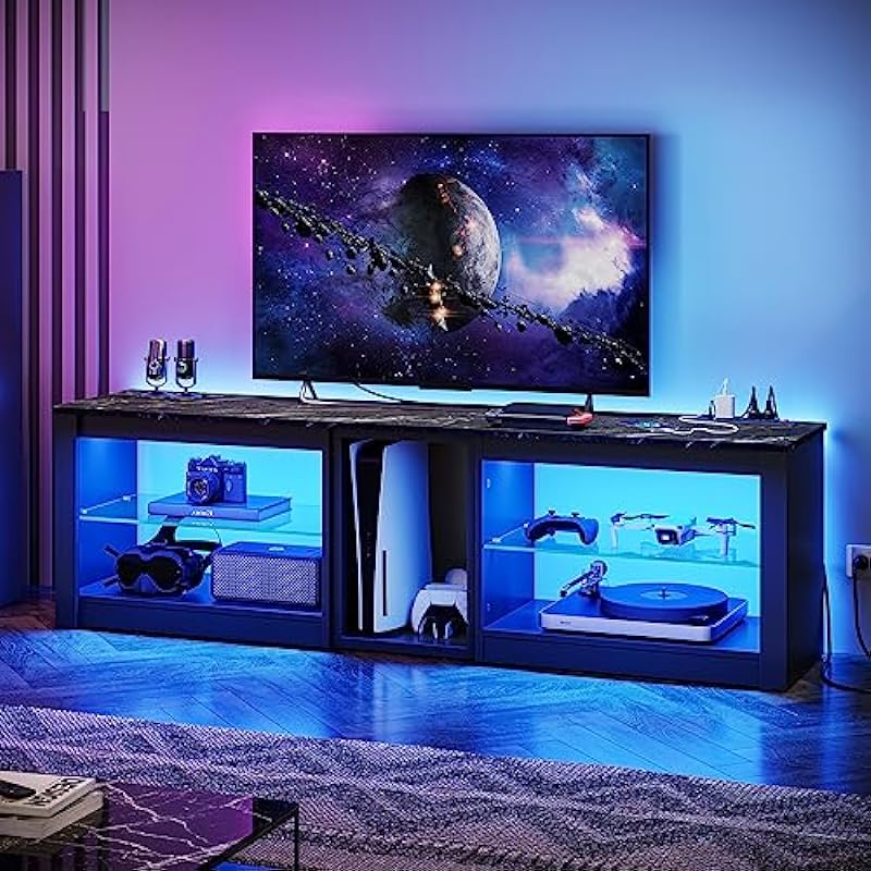 Bestier TV Stand for 70 inch TV with Power Outlets, LED Entertainment Center for PS5, Gaming TV Consoles with Glass Shelves for Living Room, 63” Inch, Black Marble