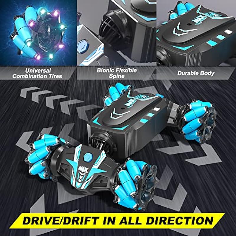 Remote Control Car Hand Controlled Gesture RC Stunt Car with Spray & Lights & Music for Kids 6-13 Years Old, 4WD 2.4GHz Off-Road Vehicle 360° Double Sided Rotation Crawler Toy Car Gifts for Boys Girls