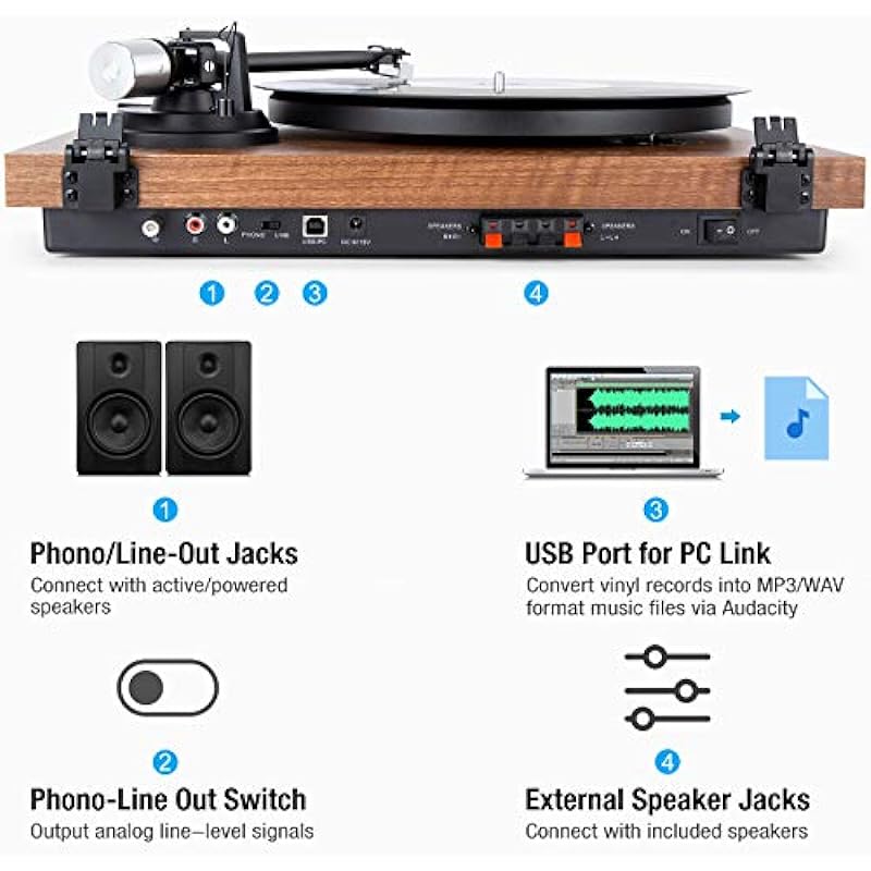 1 BY ONE Record Player Wireless Turntable HiFi System with 36 Watt Bookshelf Speakers, Adjustable Counterweight and Magnetic Cartridge (Natural Wood)