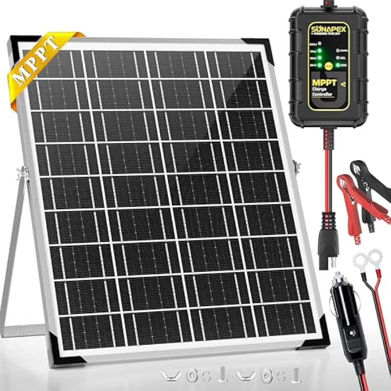 SUNAPEX 25W MPPT Solar Battery Charger Maintainer, 12V Waterproof Solar Panel Trickle Charger with MPPT Controller for Car, Motorcycle, Boat, Marine, RV, Trailer, Tractor,Truck, etc