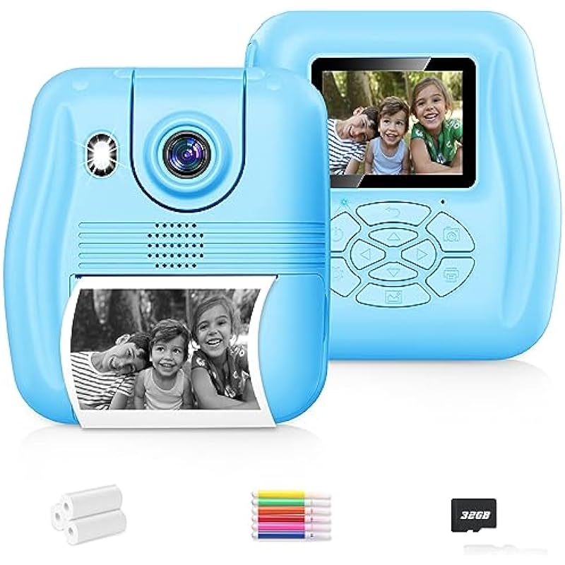 WEOLULI Instant Print Camera, Instant Print Photo Digital Camera for Boys Toddler, Christmas Birthday Gifts for Age 3-8 Girls Boys,Kids Toy with 3 Rolls Print Paper, 6 Color Pens, 32GB Card(Blue)