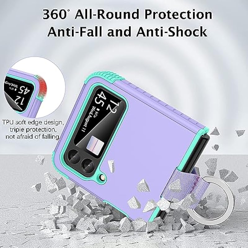 Telaso Samsung Galaxy Z Flip 3 Case, Z Flip 3 5G Case, Heavy Duty 2 in 1 Full Body Rugged Shockproof Protection Cover with Ring Girls Women Boy Men Covers for Galaxy Z Flip 3 6.7”, Purple/Mint Green