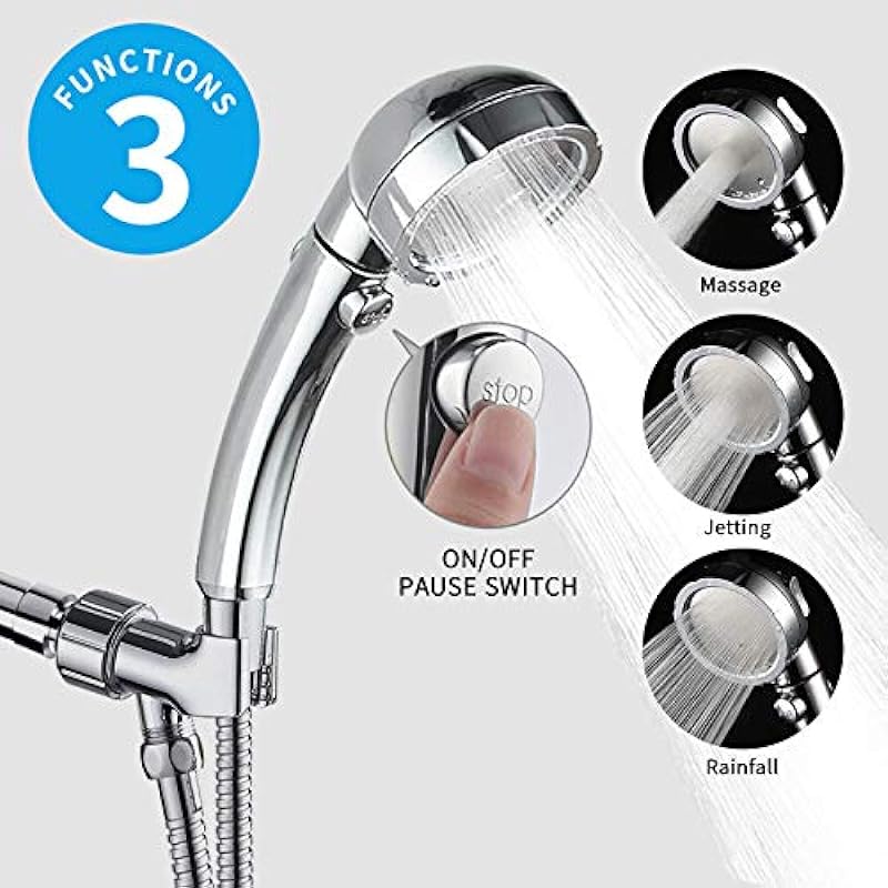 KAIYING Chrome High Pressure Handheld Shower Head with ON/Off Pause Switch, 3 Spray Modes Shower Wand with Shut Off Button, Removable Camper Shower Head with Hose and Adjustable Angle Bracket