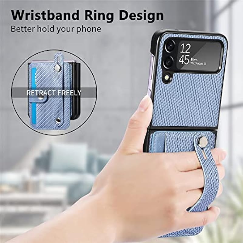 Asuwish Phone Case for Samsung Galaxy Z Flip 4 5G 2022 and Cell Accessories with Wrist Strap Credit Card Holder Slot Stand Kickstand Protective Slim Gaxaly ZFlip4 Z4 Flip4 4Z Flip4case Women Men Blue