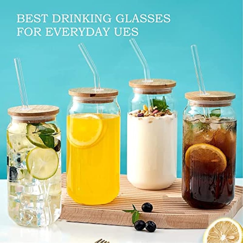 HEFBCOMK 4pcs Set 20 oz Beer Can Glass Cup, Iced Coffee Drinking Cups with Bamboo Lid and Glass Straws, Glass Tumbler for Cocktail, Whiskey, Soda, Tea, Water, Gift (20OZ)