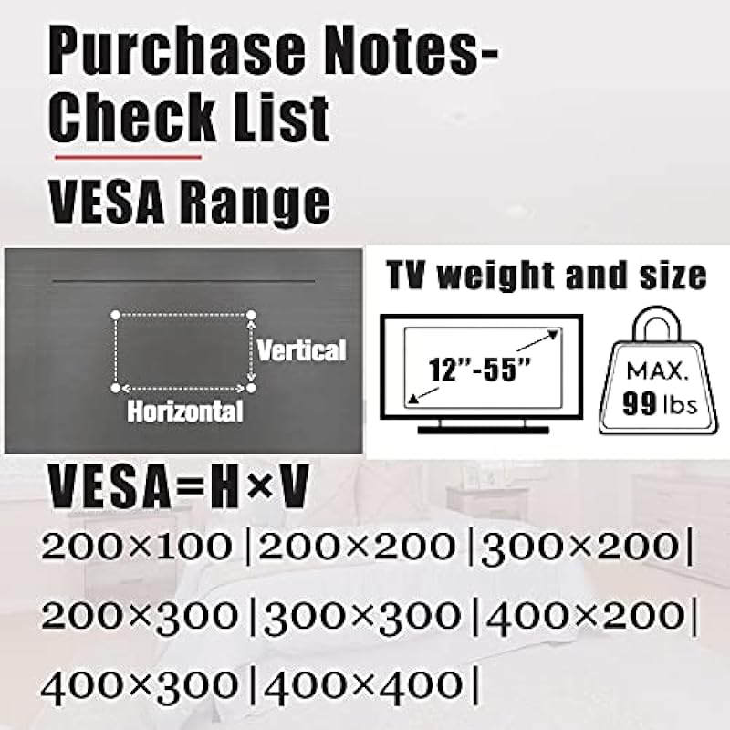 No Stud TV Wall Mount, Drywall Studless TV Hanger No Damage, No Drill, Non Screws, Flat Screen Easy Install Bar Bracket fits VESA 12-55 inch TVs up to 99 lbs, Include Hardware Levels