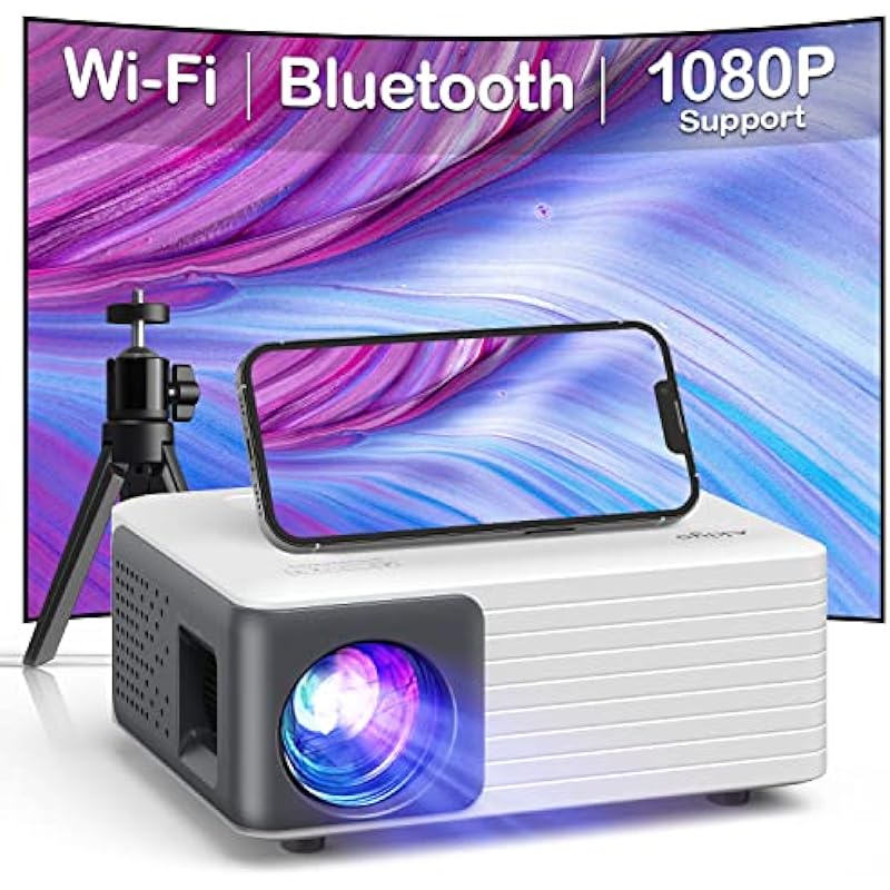 Projector with WiFi Bluetooth W/Tripod, AKIYO Mini Projector Support 1080P Full HD Portable Movie Projector, Phone Projector Compatible with iOS Android Laptop TV Stick HDMI PS5