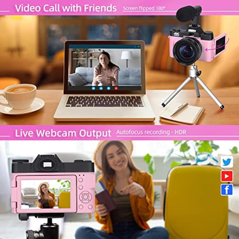 Monitech Digital Cameras for Photography, vlogging Camera 4K for YouTube, Video Camera with Wide-Angle & Macro Lenses, 16X Digital Zoom, Flip Screen, External Microphone, 32GB TF Card -NBRO2 Pink