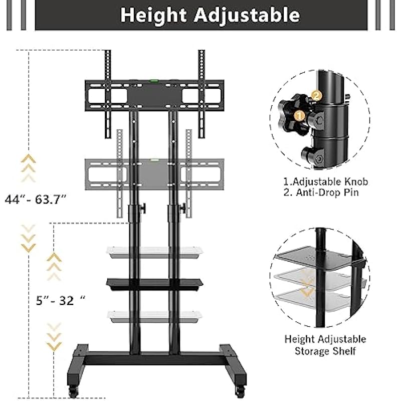 Rfiver Mobile TV Stand, Rolling TV Cart for 32-75 Inch Flat Screen/Curved TVs up to 110 Lbs, Portable TV Mount with Wheels and Height Adjustable, Outdoor Floor TV Stand for Home Office, Black